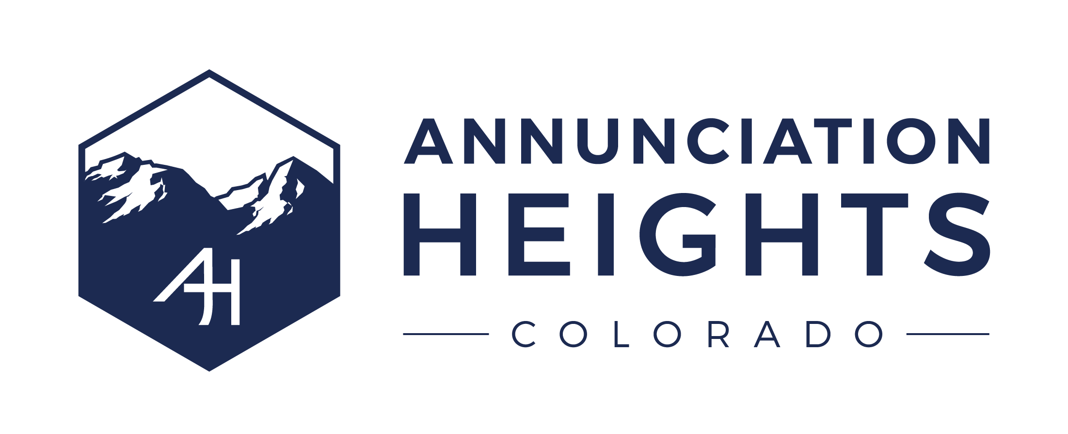 Annuciation Heights logo with a hexagon showing a Colorado mountain range and the letters AH and horizontal text next to the hexagon that reads Annunciation Heights Colorado.