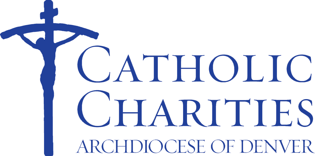 Catholic Charities logo with a crucifix icon next to the text Catholic Charities Archdiocese of Denver. The logo is blue.