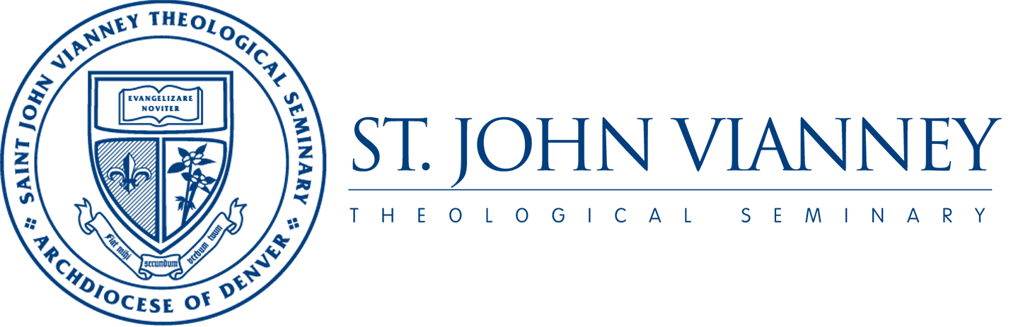 St. John Vianney logo with the theological seminary code of arms next to text that reads St. John Vianney Theological Seminary all in blue.