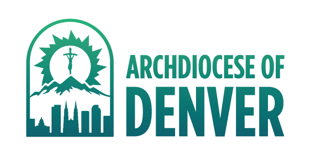 Archdiocese of Denver logo with an icon to the left of text that reads Archdiocese of Denver. The icon is shaped like a window with a rounded top. There is a crucifix within a sun overlayed by a Colorado mountain range with a silhouette of the city of Denver and a silhouette of Cathedral Basilica. Color gradient from green to blue.
