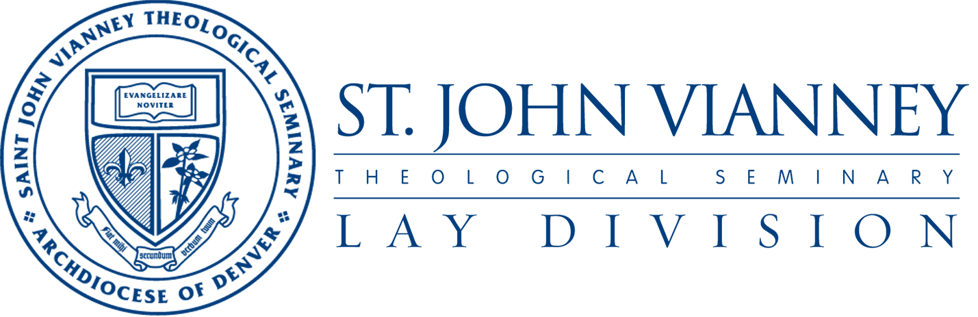 St. John Vianney Lay Division logo with the theological seminary code of arms next to text that reads St. John Vianney Theological Seminary Lay Division all in blue.