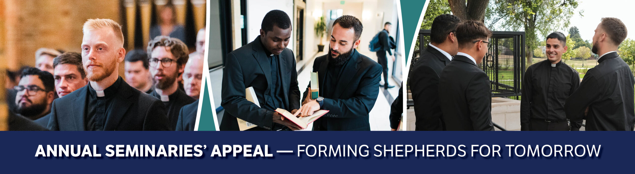 A group of smiling seminarians for St. John Vianney Theological Seminary in Denver, CO.