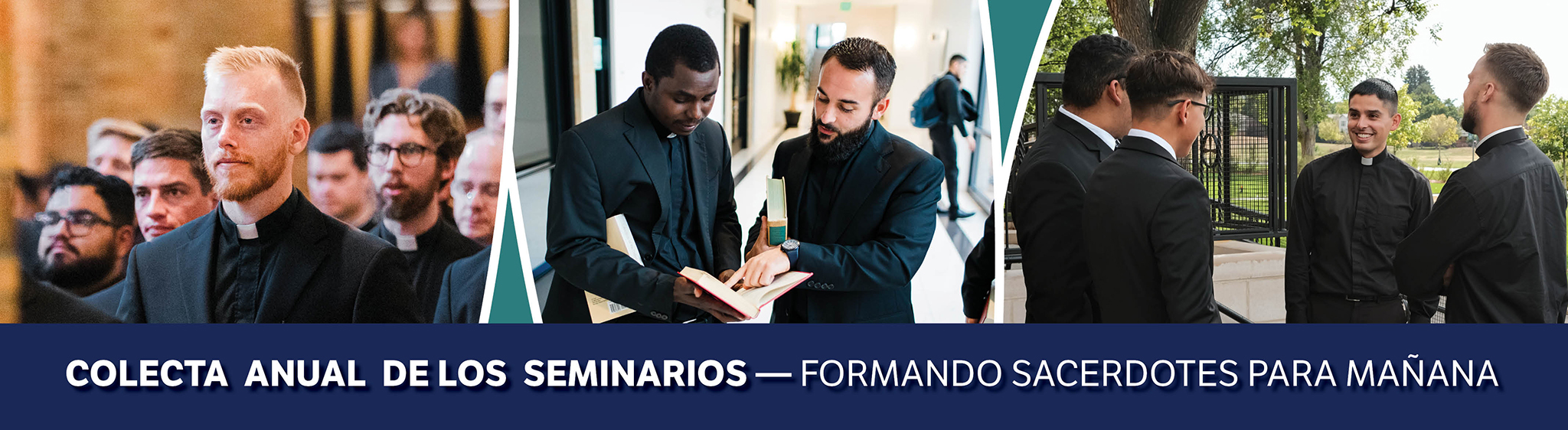 A group of smiling seminarians for St. John Vianney Theological Seminary in Denver, CO.