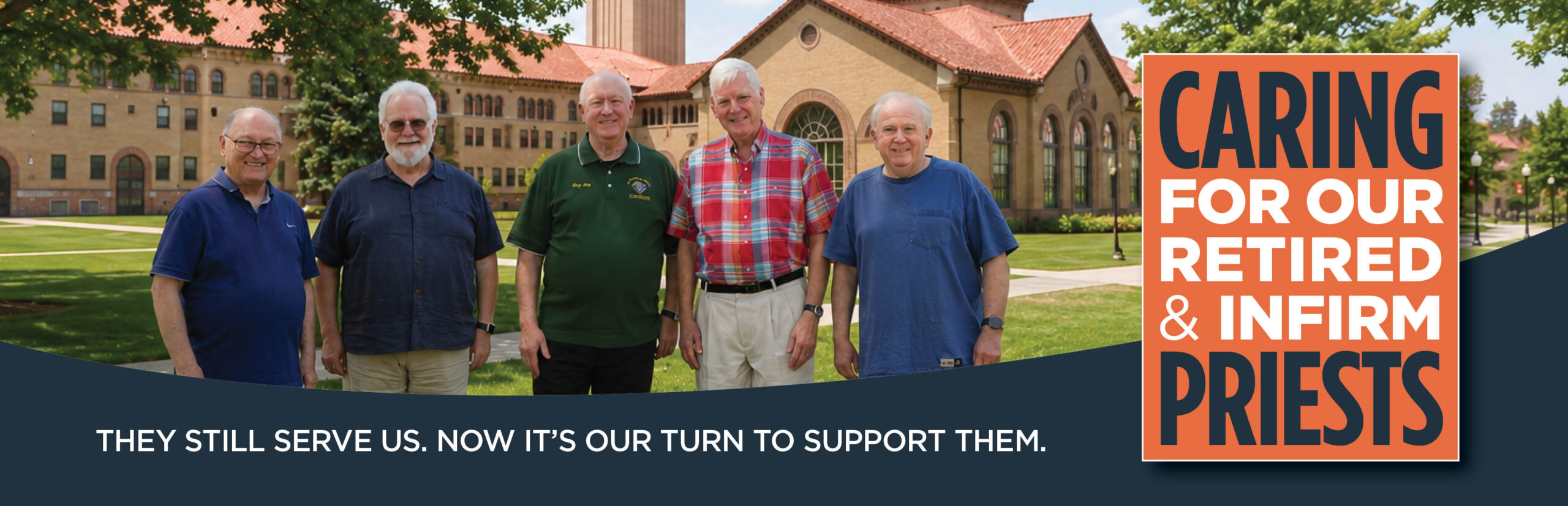 2026 banner showcasing retired priests of the Archdiocese of Denver to promote the annual fundraiser.